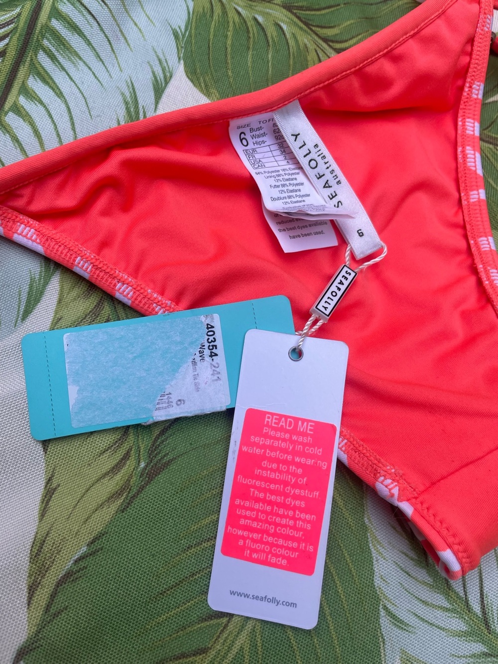 Seafolly NWT Sz 2 Tidal Wave Brazilian Side Tie Bikini Bottom in Nectarine/White - Picture 4 of 10